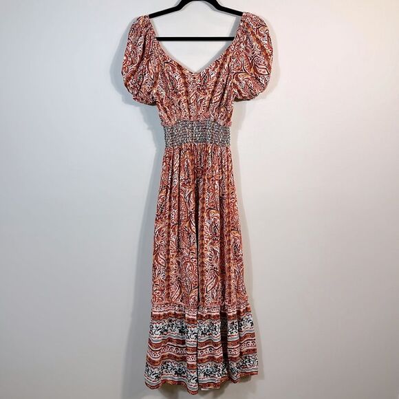 Black Tape Paisley Midi Dress Smocked Boho Fall Earthy Print Women Size Small - Picture 1 of 11